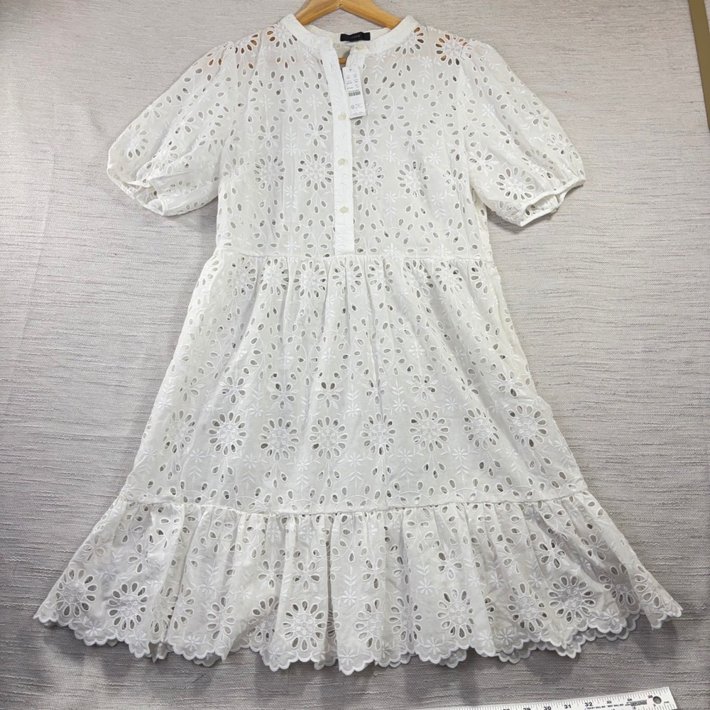J.Crew White Eyelet Cotton Tiered Mini Dress Short Puff Sleeve NWT 8‎ NO LINING